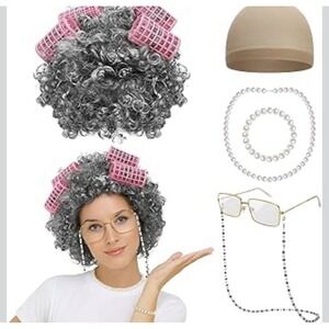 Old Lady Halloween Costume Wig Glasses Jewelry Dress Up Cosplay Party